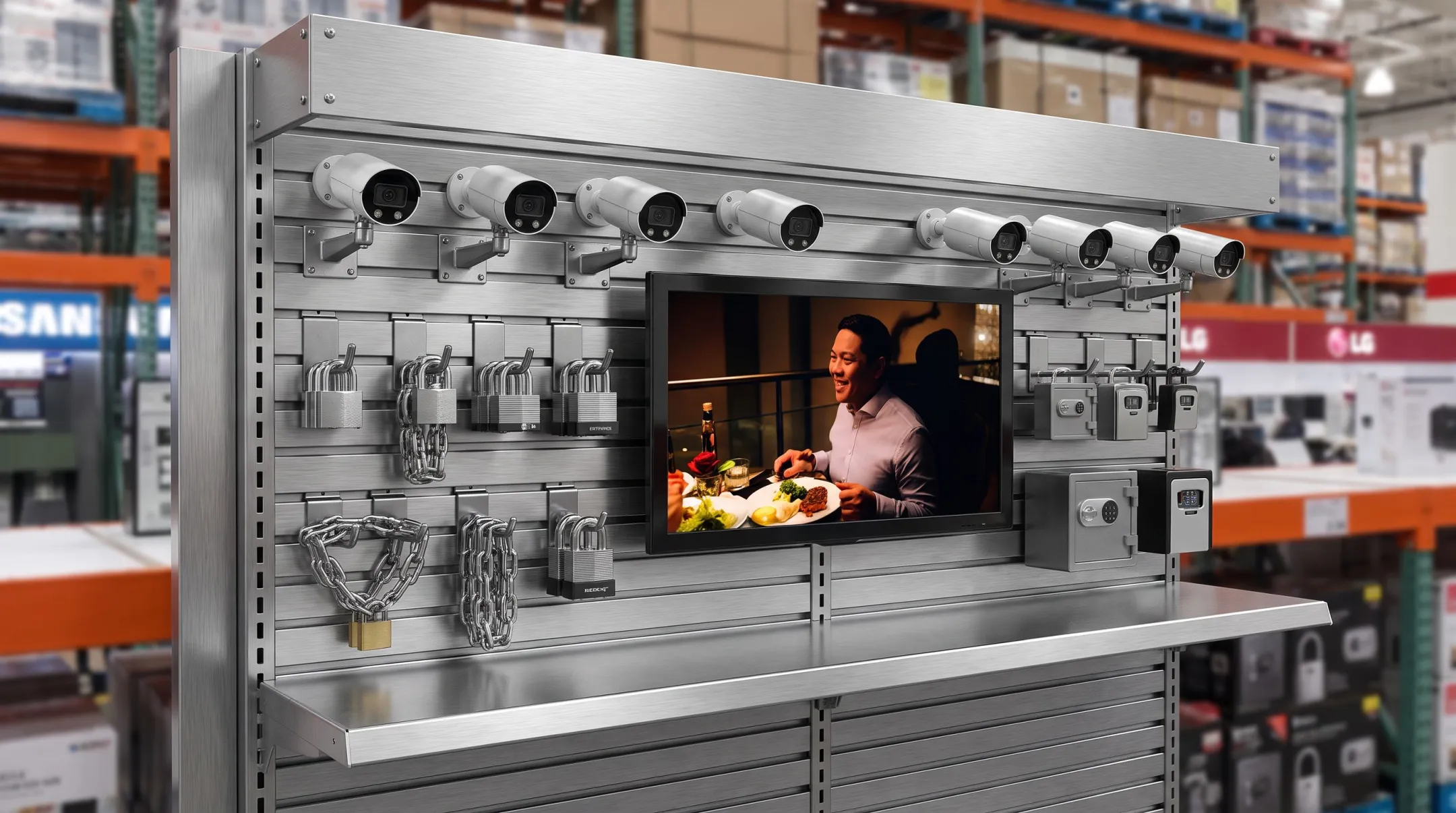 Heavy-duty steel slatwall display holding security cameras and hardware