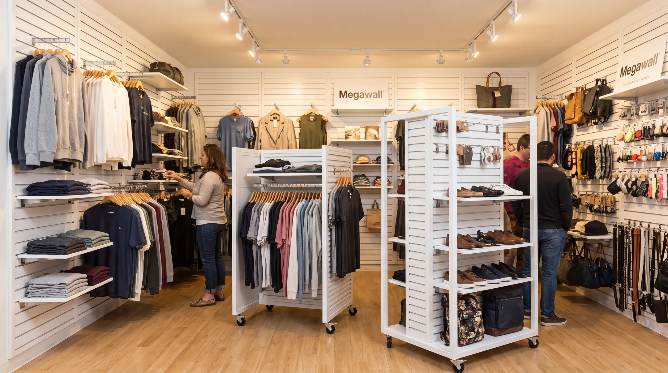 Modular slatwall fixture system with hooks shelves and mobile display units