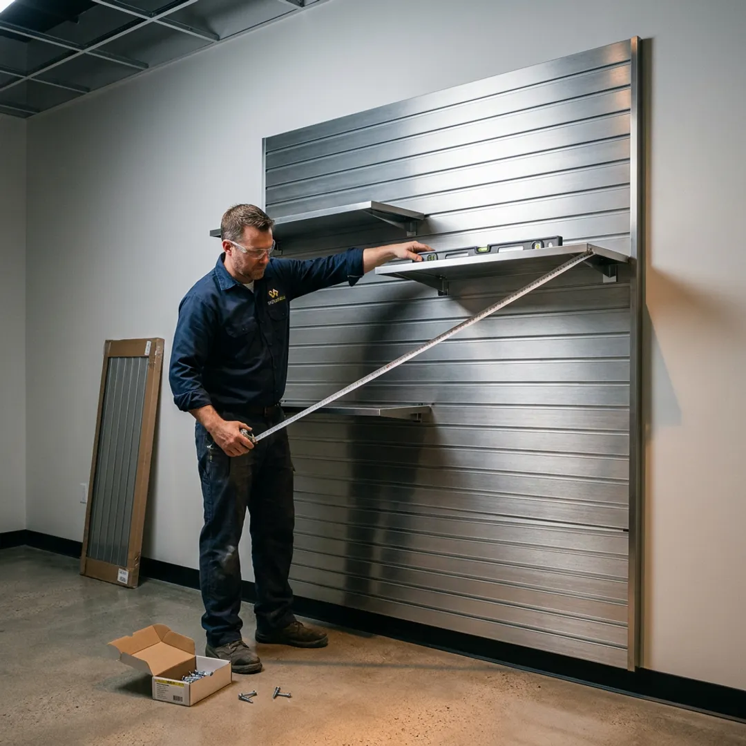 Installer aligning retail slatwall panels