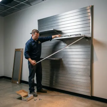 Installer aligning retail slatwall panels