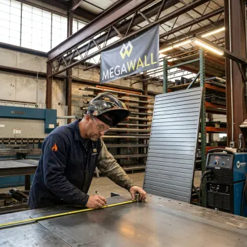 Fabricator measuring a custom sheet metal frame