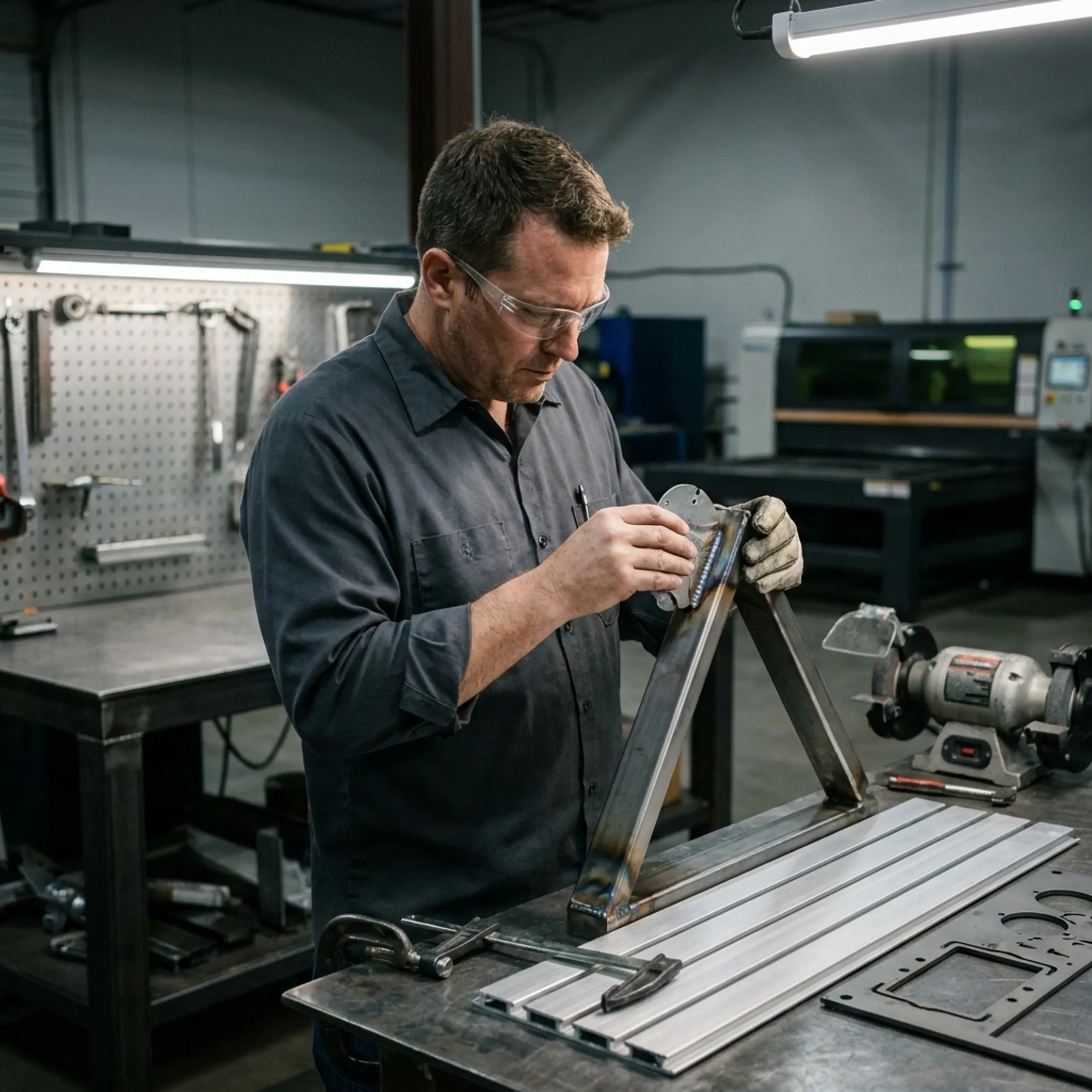 Fabricator inspecting custom retail shelving