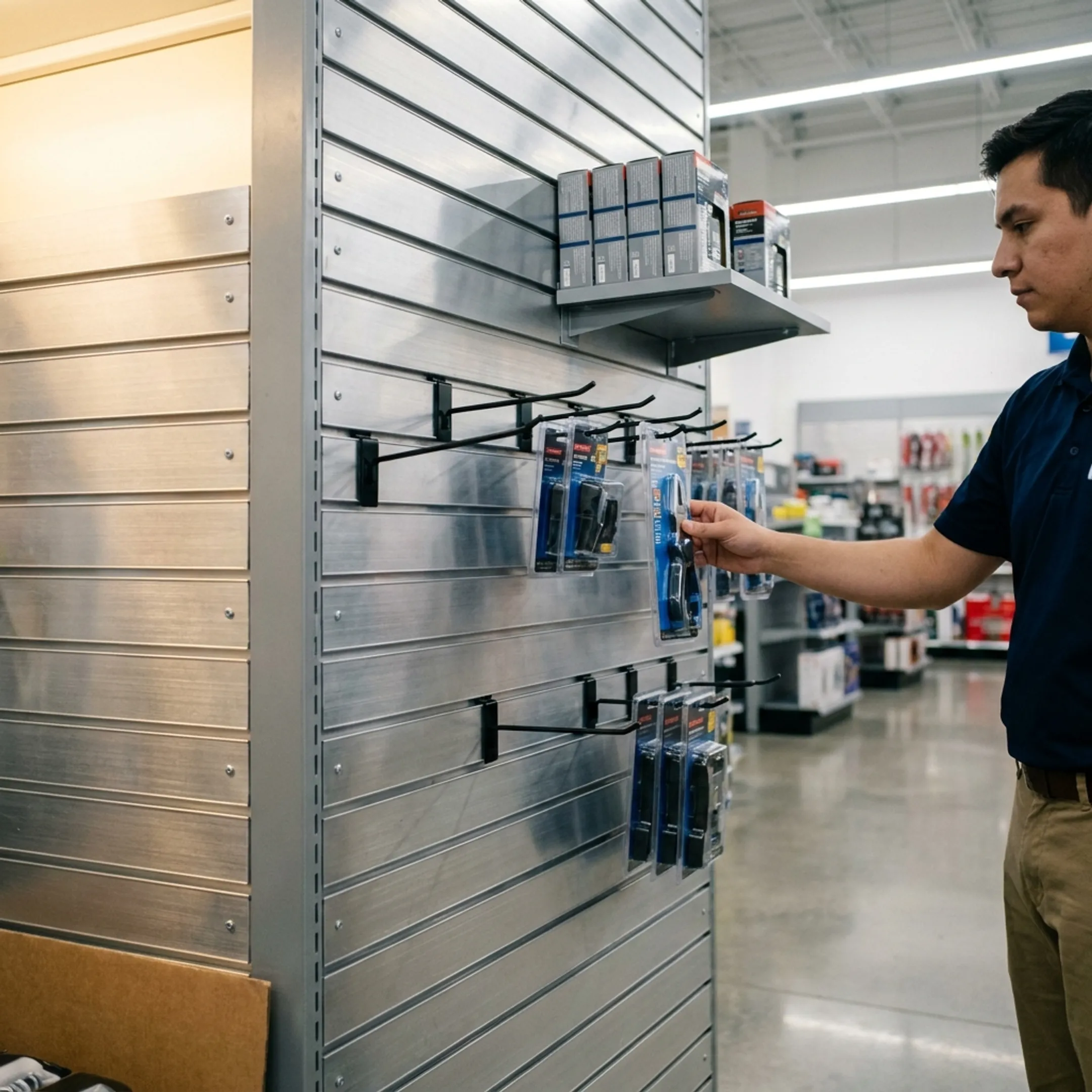 Retail associate arranging merchandise on slatwall