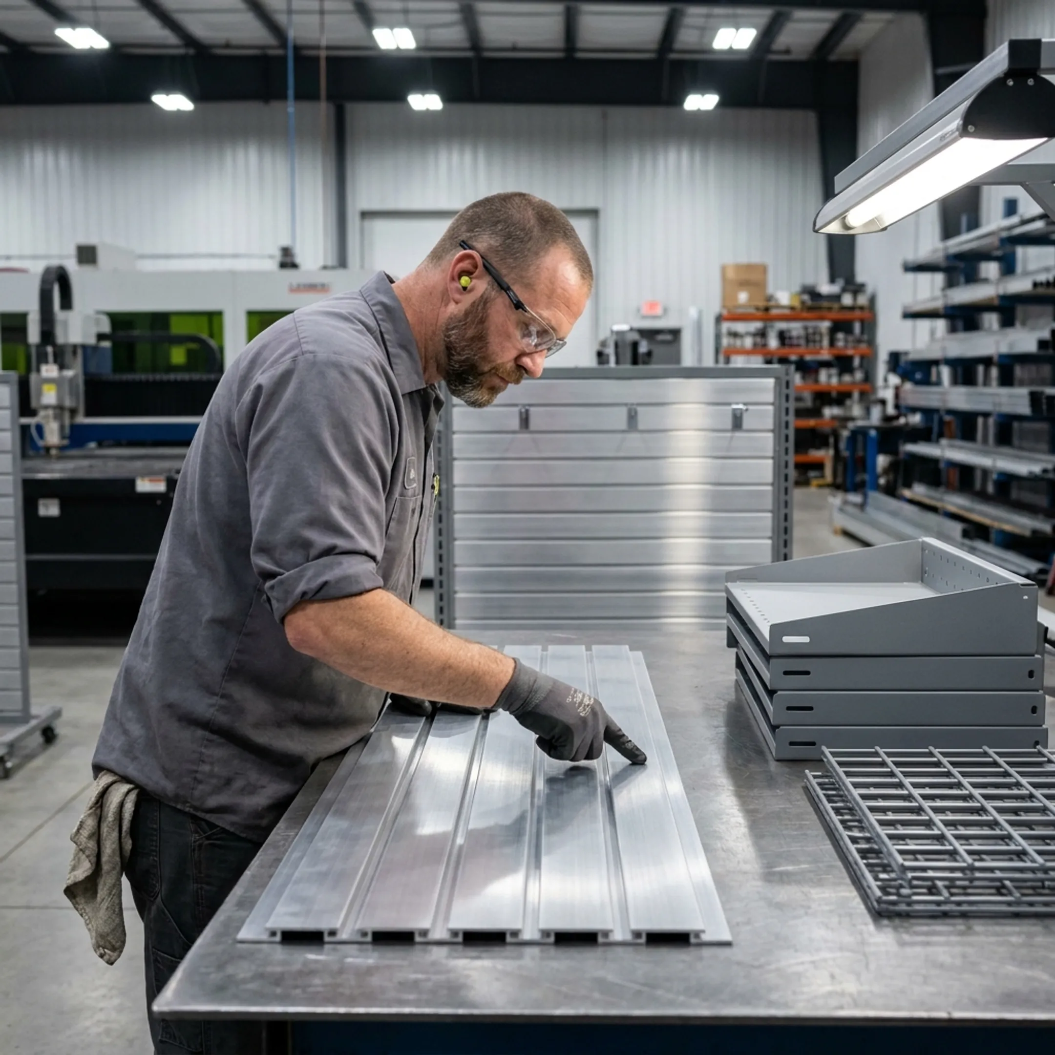 Fabricator inspecting custom metal retail display components