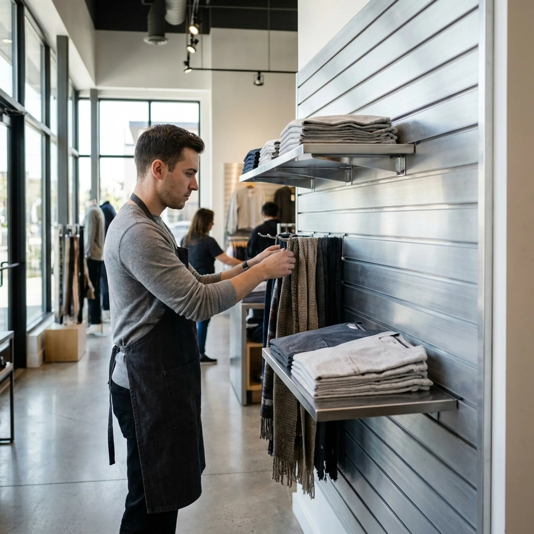 Retail associate arranging merchandise on metal slatwall