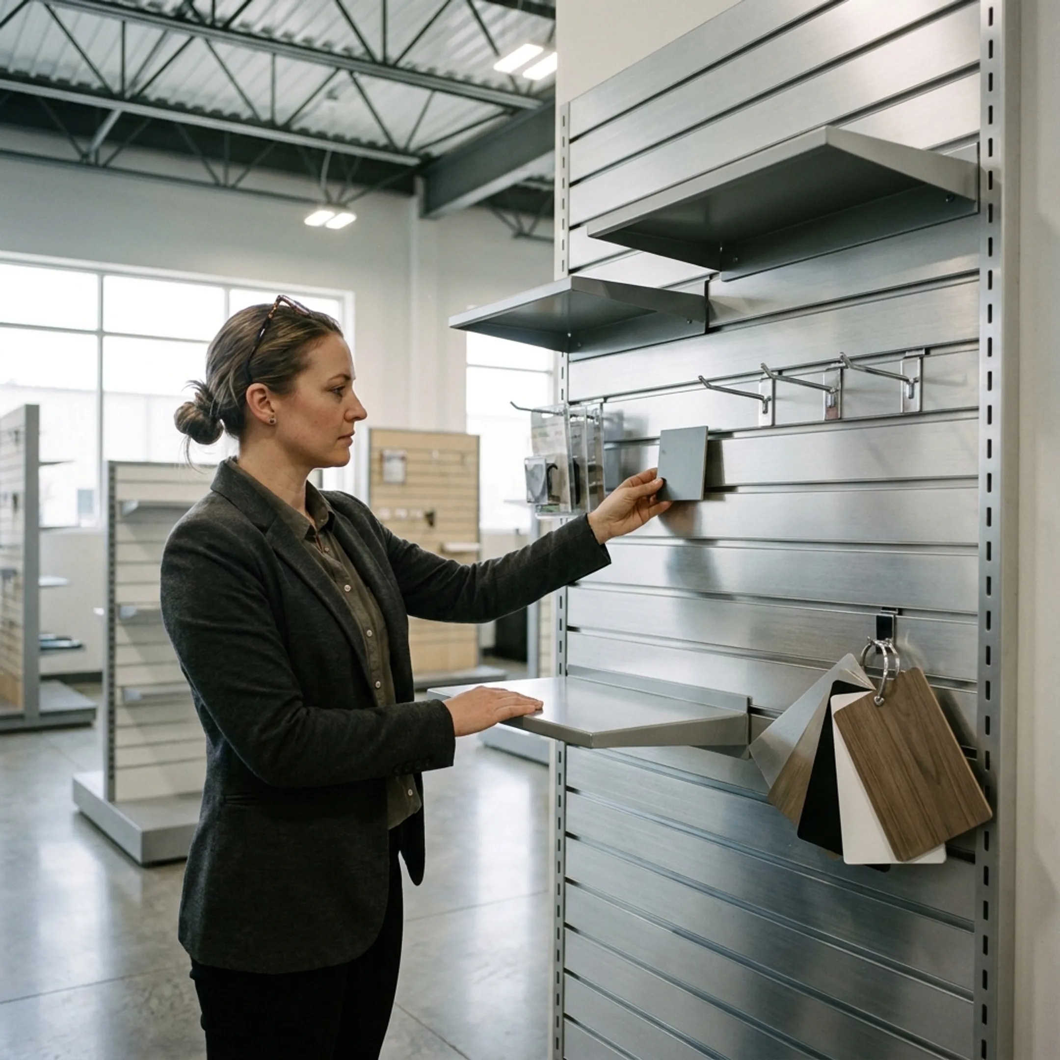 Retail designer reviewing custom slatwall display
