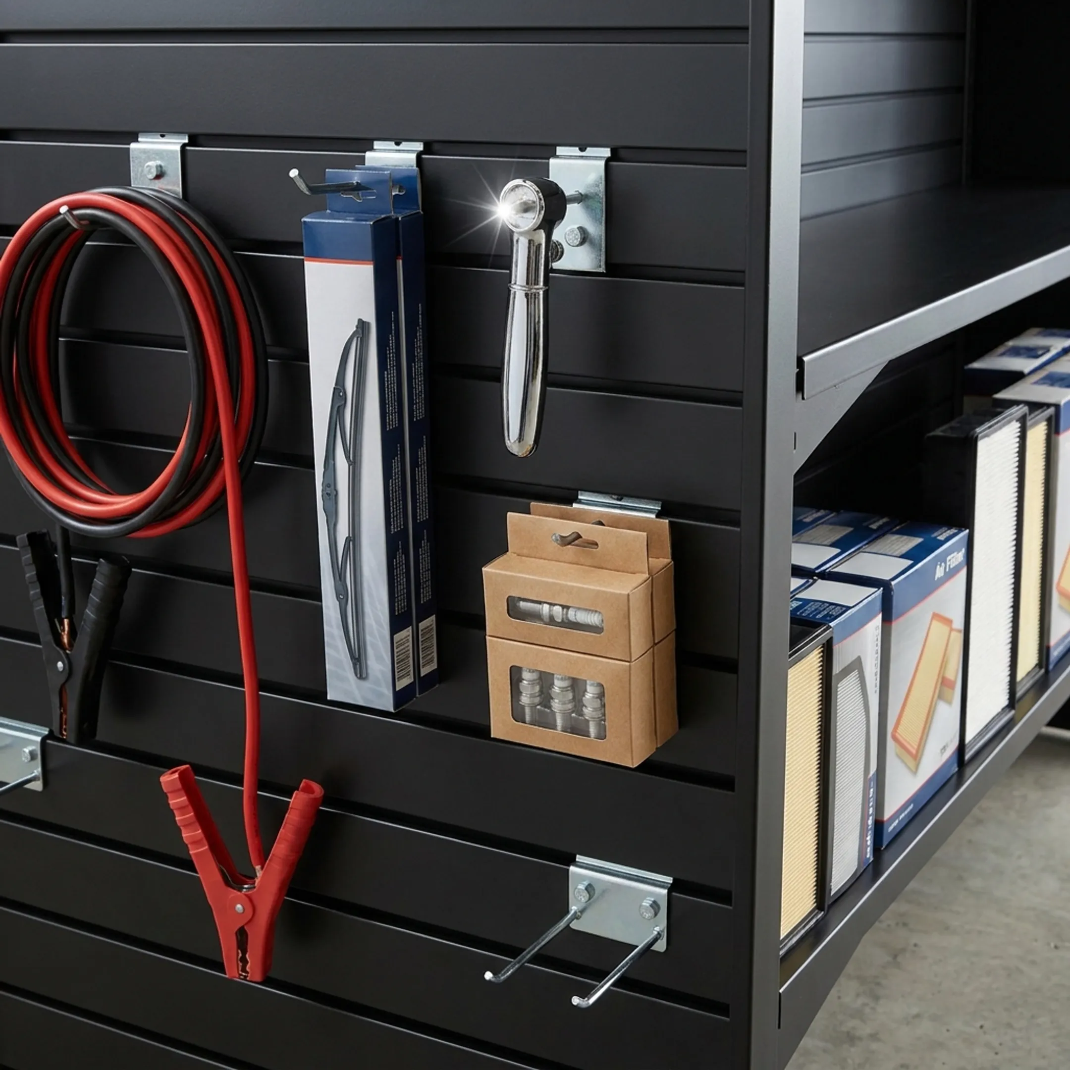 Automotive accessories displayed on slatwall