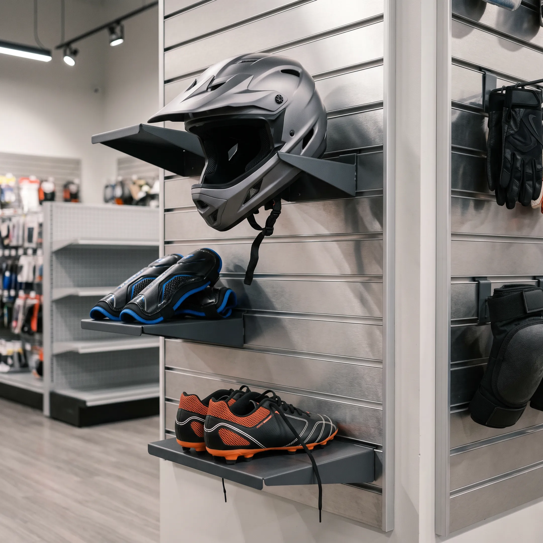 Sporting goods display with L brackets