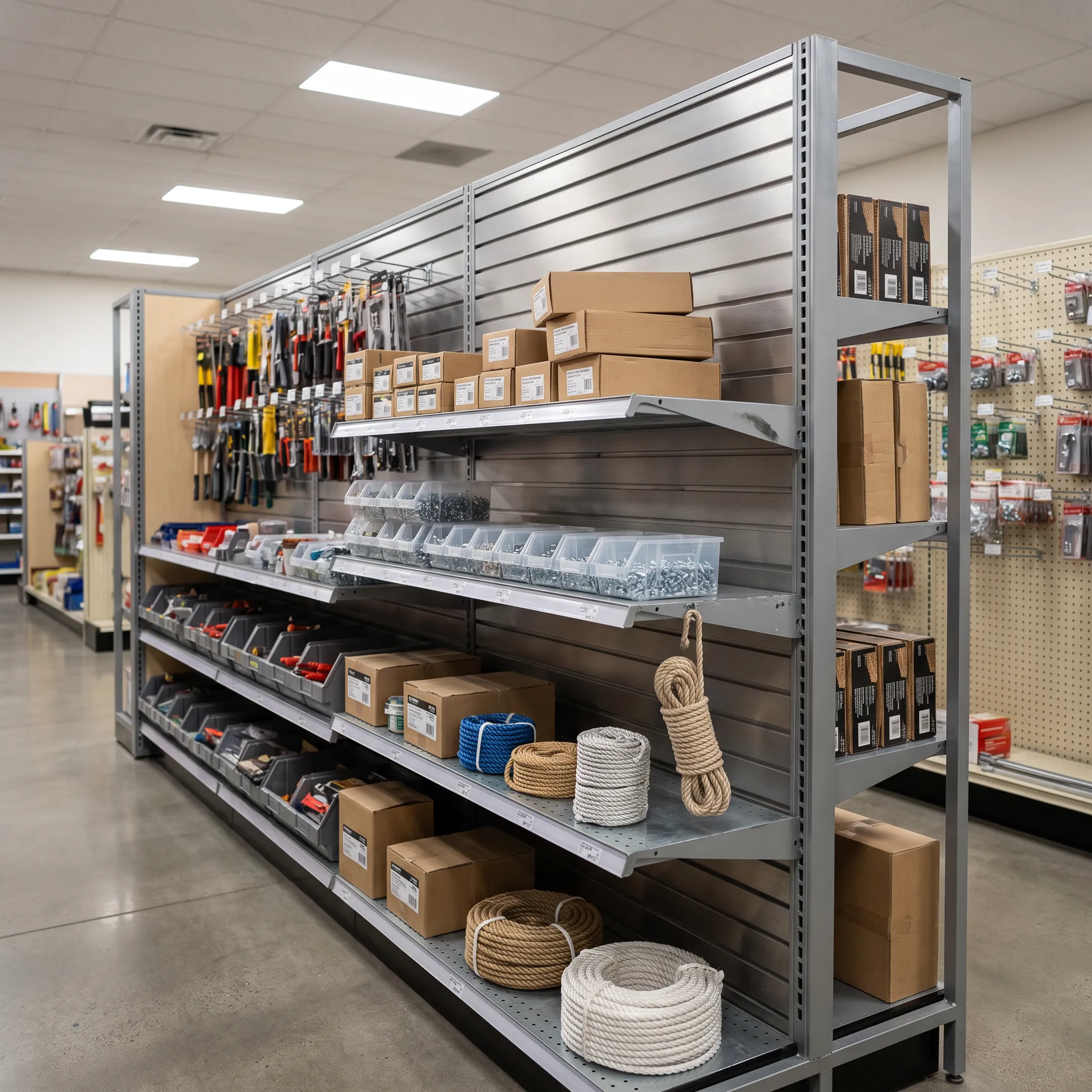 Hardware store shelving with L brackets