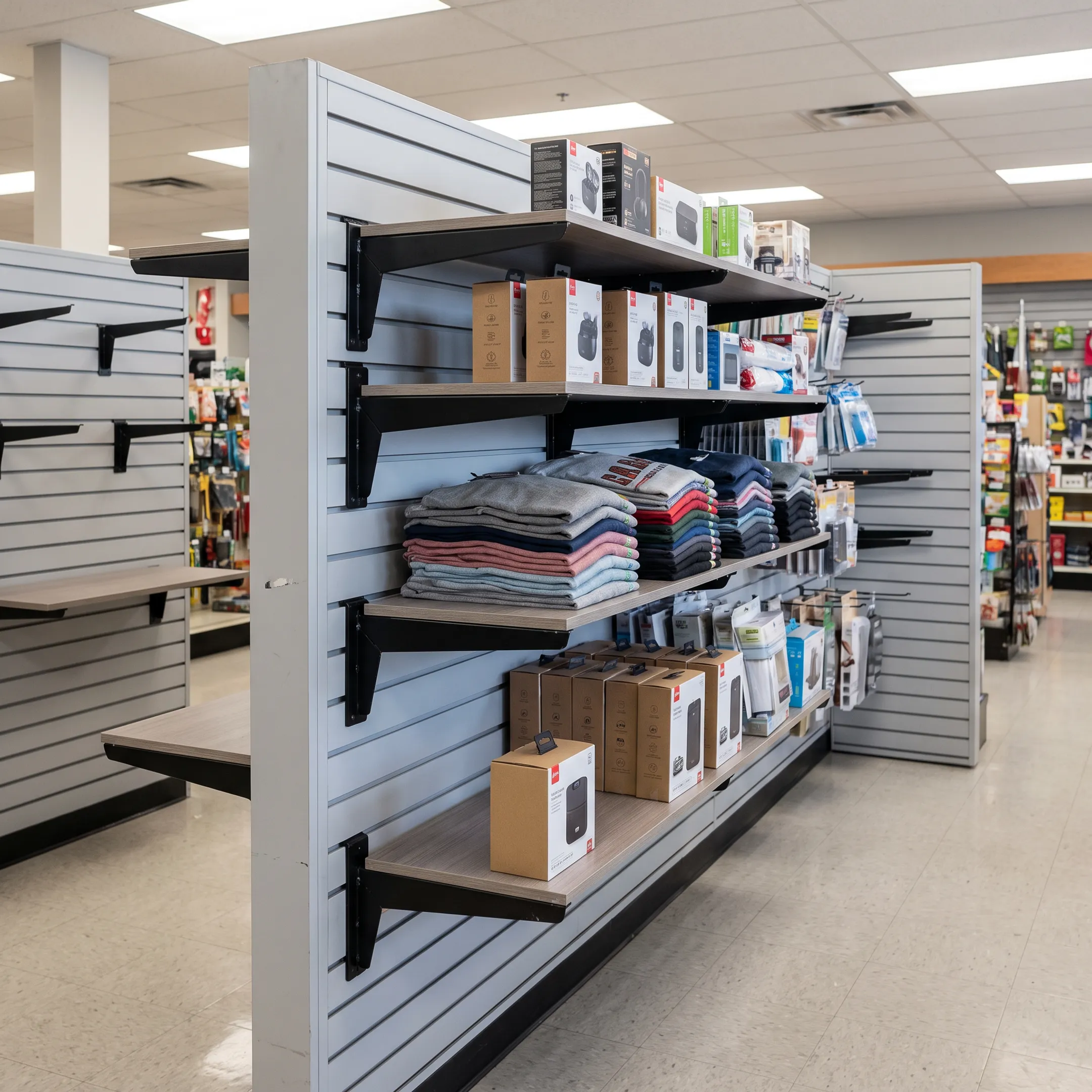 Retail store shelving with metal L brackets