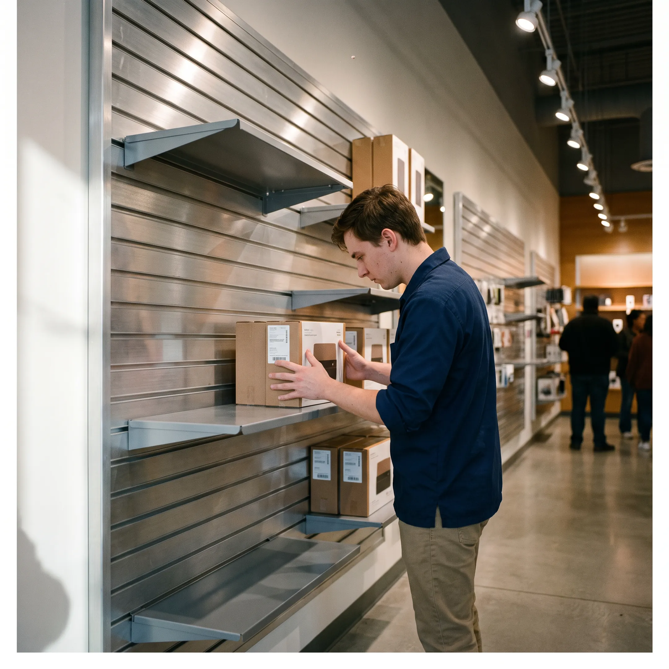 Retail associate arranging merchandise on slatwall