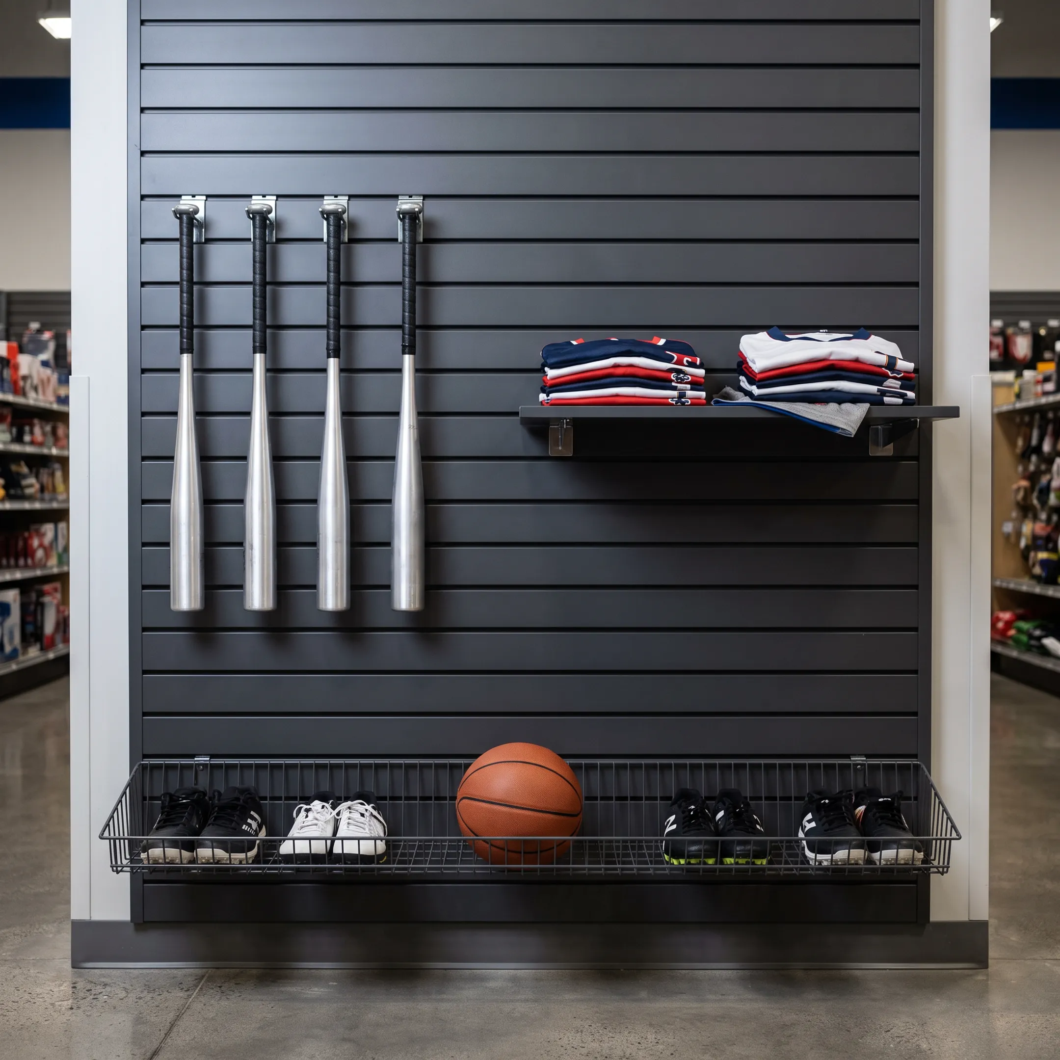 Sporting goods store shelving