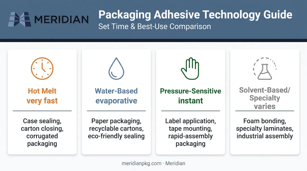 Comparison of four packaging adhesive types by set time and application