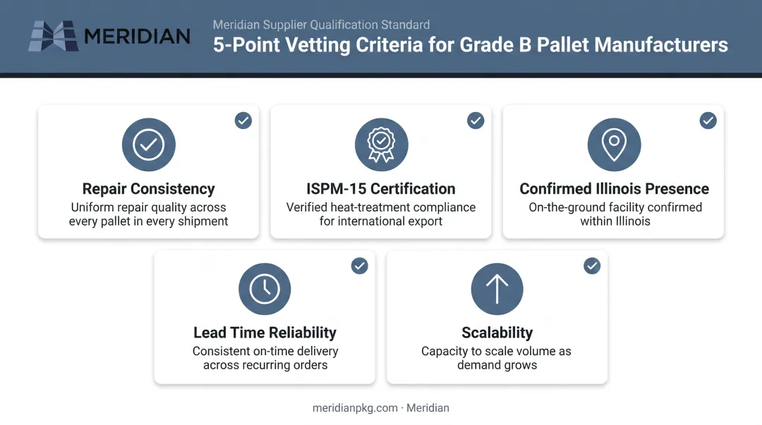 Five-point Grade B pallet supplier evaluation criteria checklist infographic