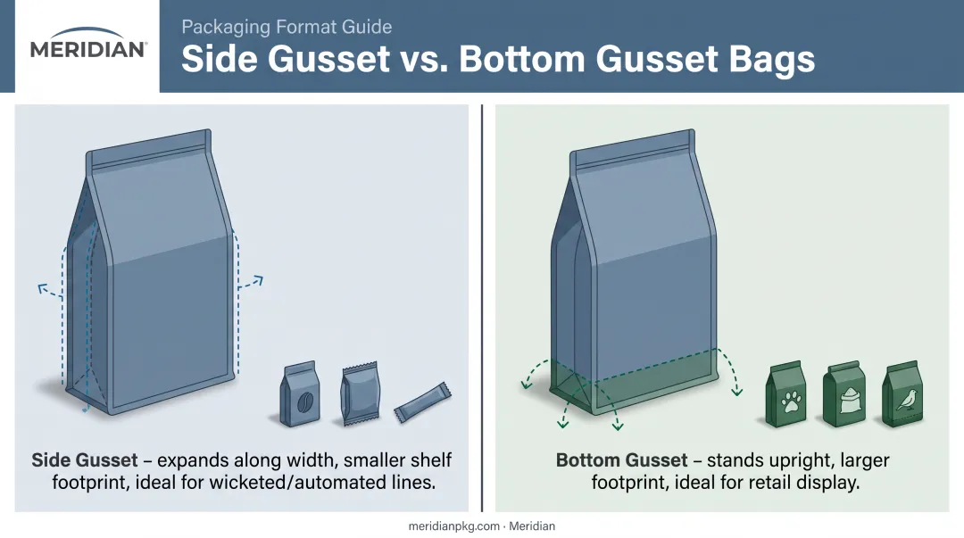 Side gusset versus bottom gusset poly bag structural comparison infographic