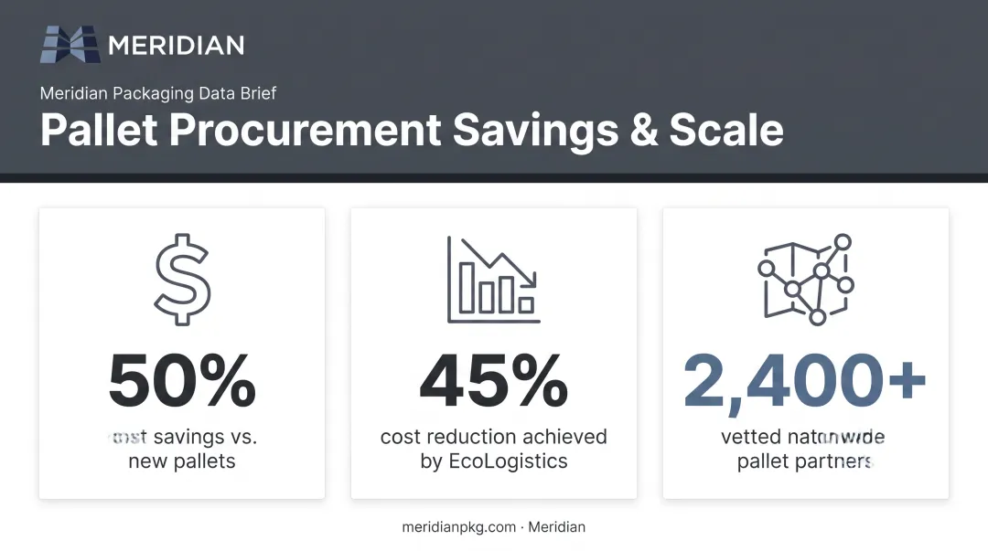 Recycled pallet program cost savings and network statistics infographic