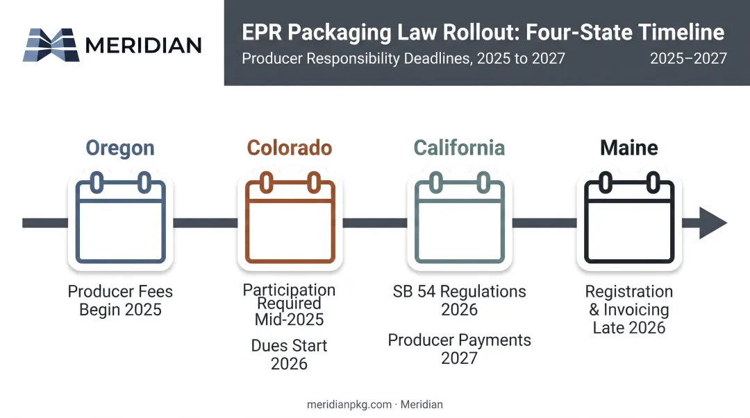 State-by-state EPR packaging law deadlines timeline for Oregon California Colorado Maine