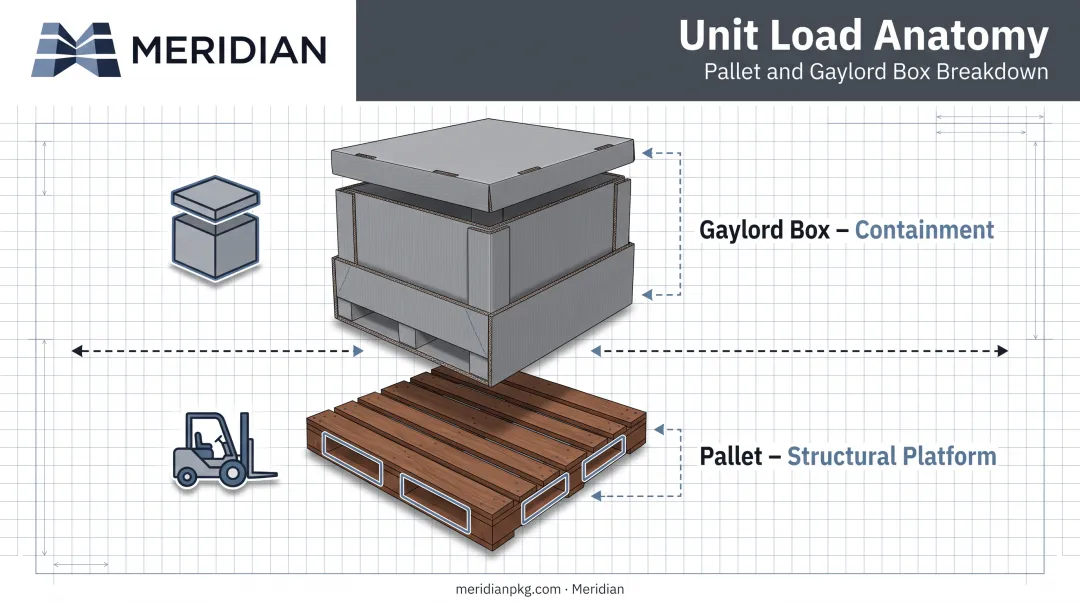 Diagram showing pallet and Gaylord box as separate unit load components