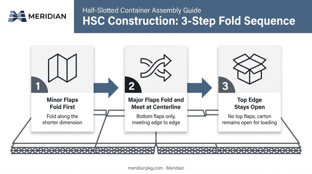 3-step HSC box construction process from minor flaps to open top