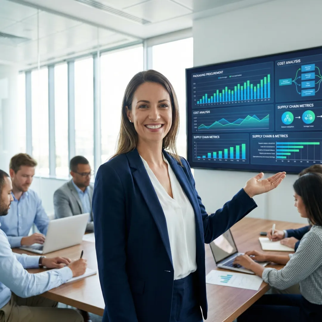 Supply chain consultant presenting packaging optimization strategy with data charts