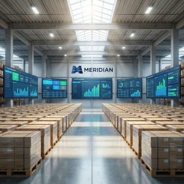 Modern warehouse with stacked wooden pallets and digital inventory management system