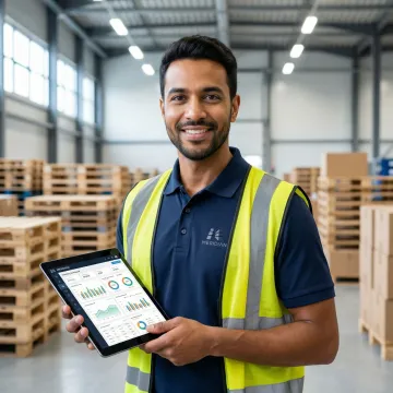 Warehouse manager reviewing inventory analytics on digital tablet