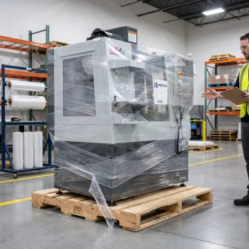 Heavy industrial equipment secured with stretch film for shipping