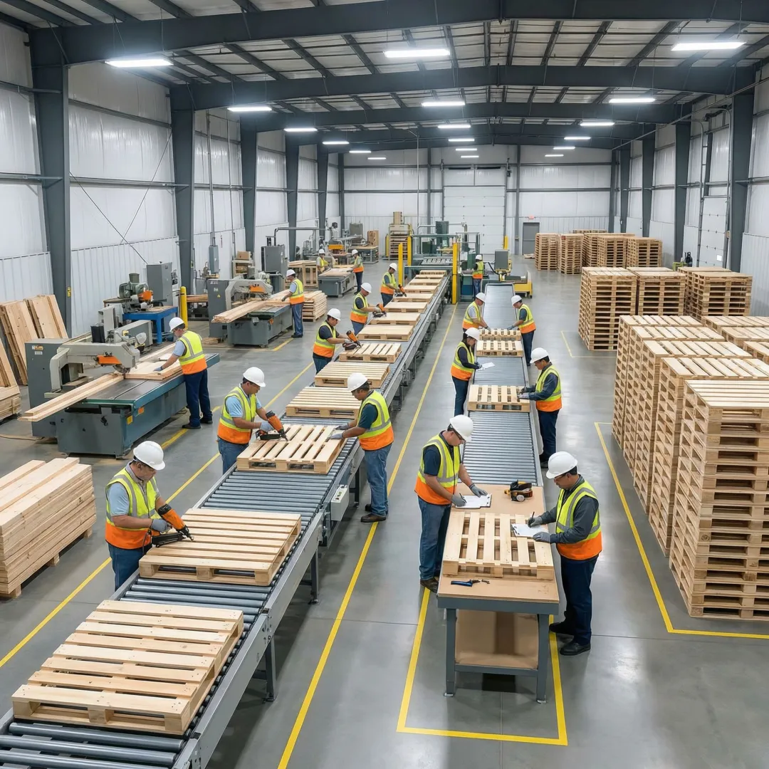 Manufacturing process of wooden pallets in production facility