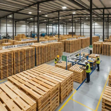Professional pallet manufacturing facility with stacked wooden pallets