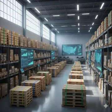 Modern warehouse with organized stacks of wooden pallets and procurement technology