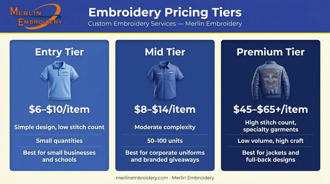 Three-tier custom embroidery pricing comparison chart entry mid and premium