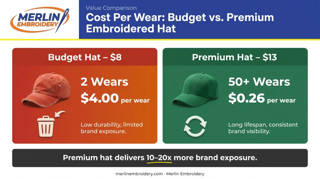 Budget versus premium embroidered hat cost per wear value comparison infographic