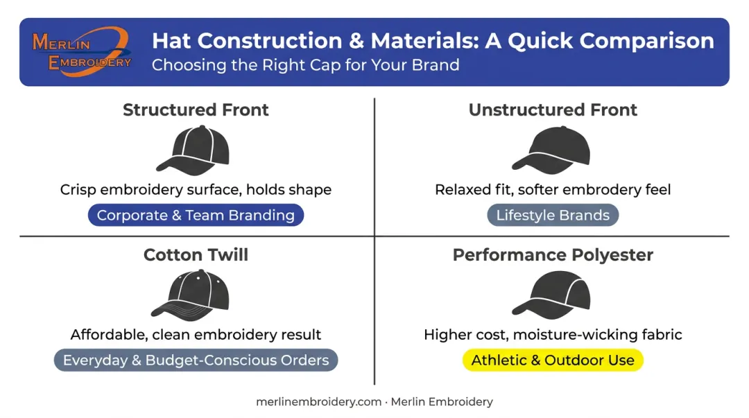 Hat construction types and embroidery suitability comparison for bulk orders