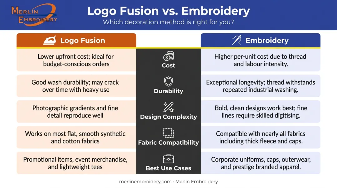 Logo fusion versus embroidery side-by-side comparison infographic for custom apparel