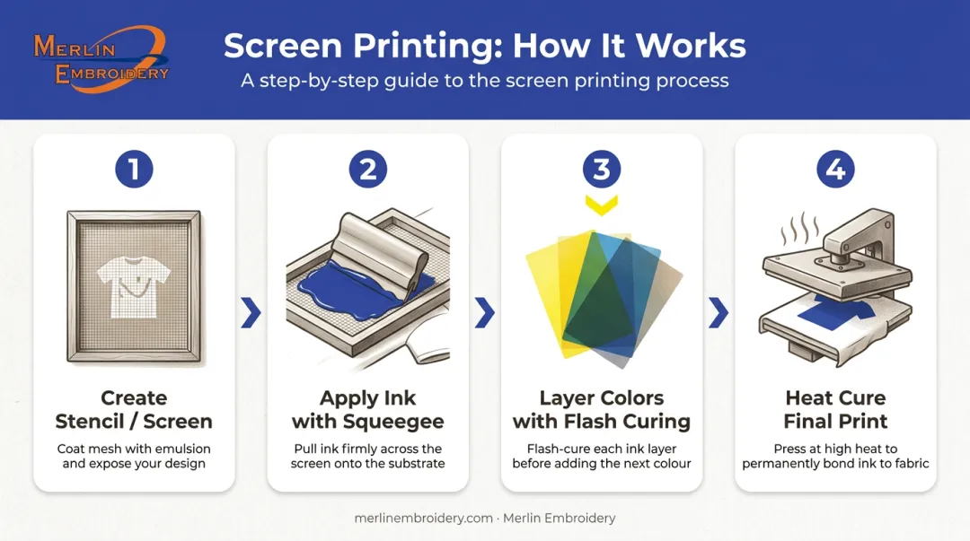 Four-step screen printing process from stencil creation to heat curing