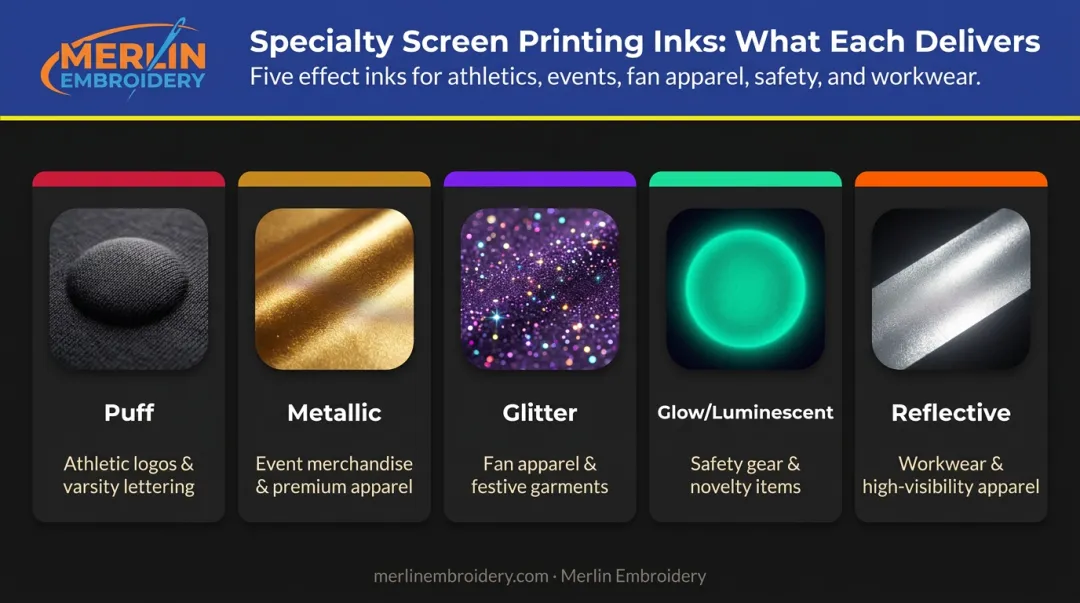 Five specialty screen printing ink types effects and common use cases comparison