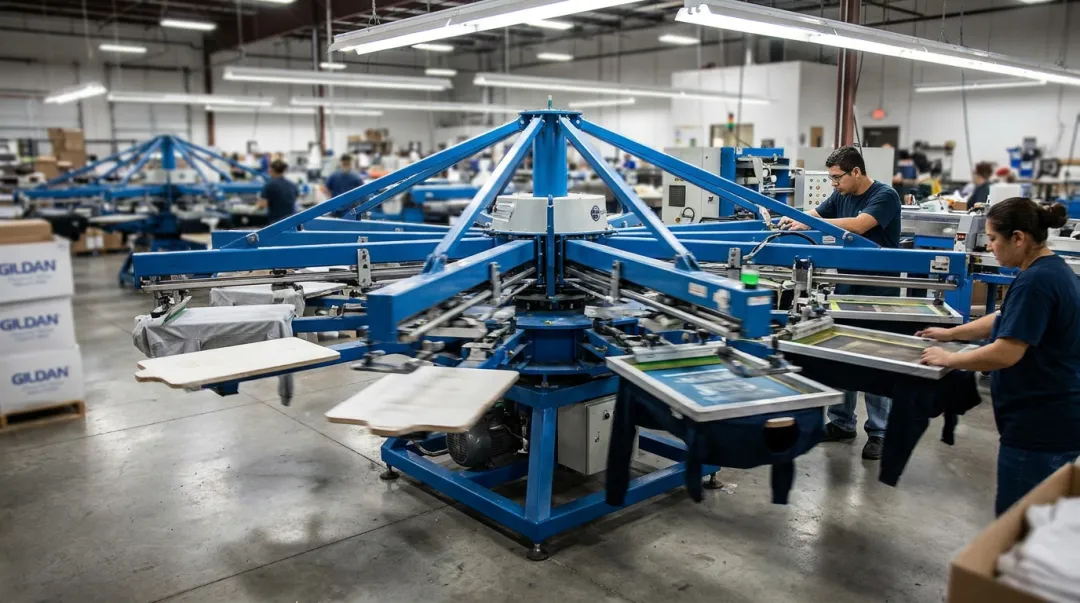 Automatic screen printing press producing bulk custom apparel at high speed
