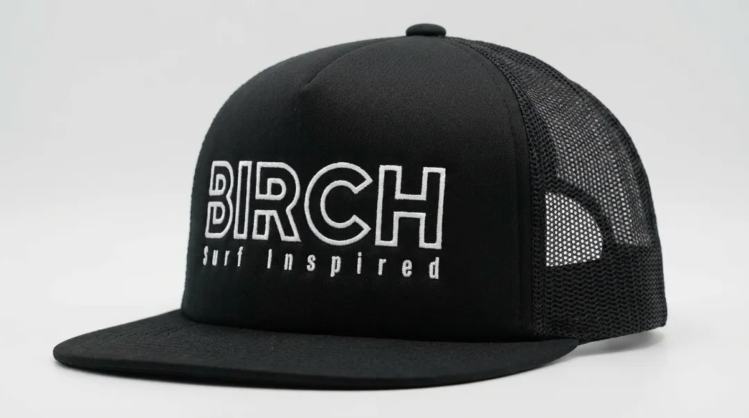 Structured foam-front mesh-back trucker cap with custom embroidered logo