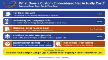 Custom embroidered hat total cost breakdown showing all per-unit and one-time fee components