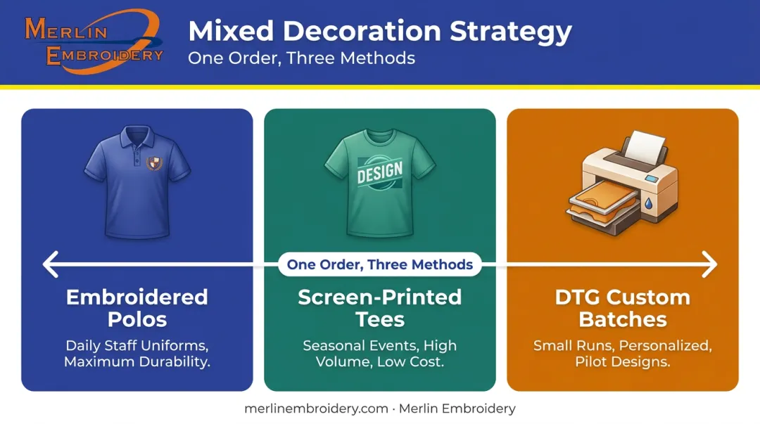 Mixed decoration strategy using embroidery screen printing and DTG per use case