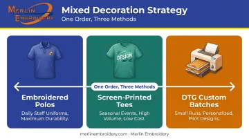 Mixed decoration strategy using embroidery screen printing and DTG per use case
