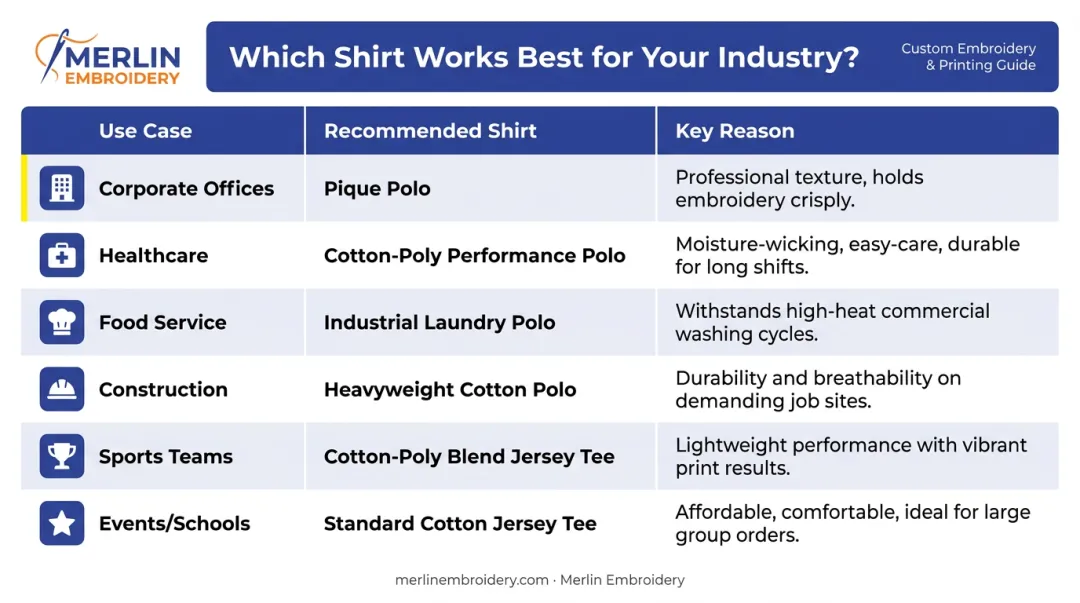 Embroidery t-shirt use case matching guide by industry and garment type