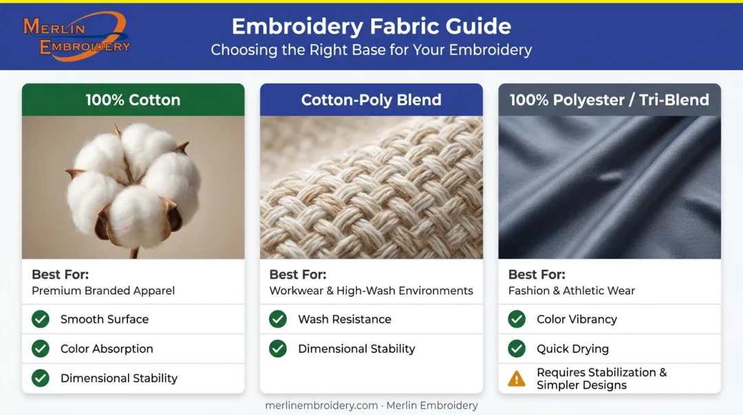 Three t-shirt fabric types for embroidery comparison cotton polyester blend performance knit
