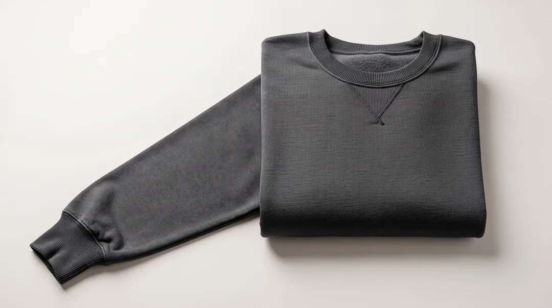 Premium heavyweight crewneck sweatshirt folded showing thick fleece construction and retail finish