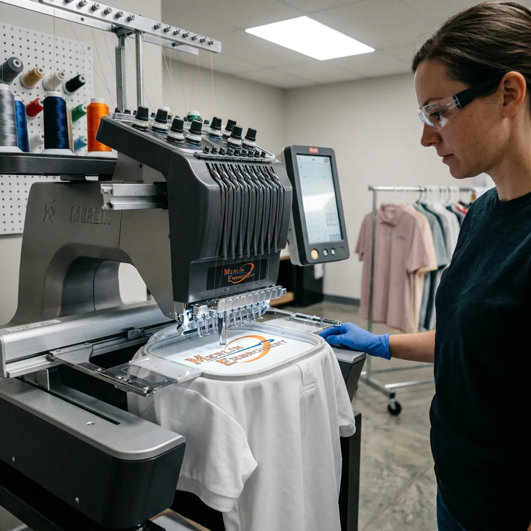 Embroidery machine stitching a logo on a polo shirt