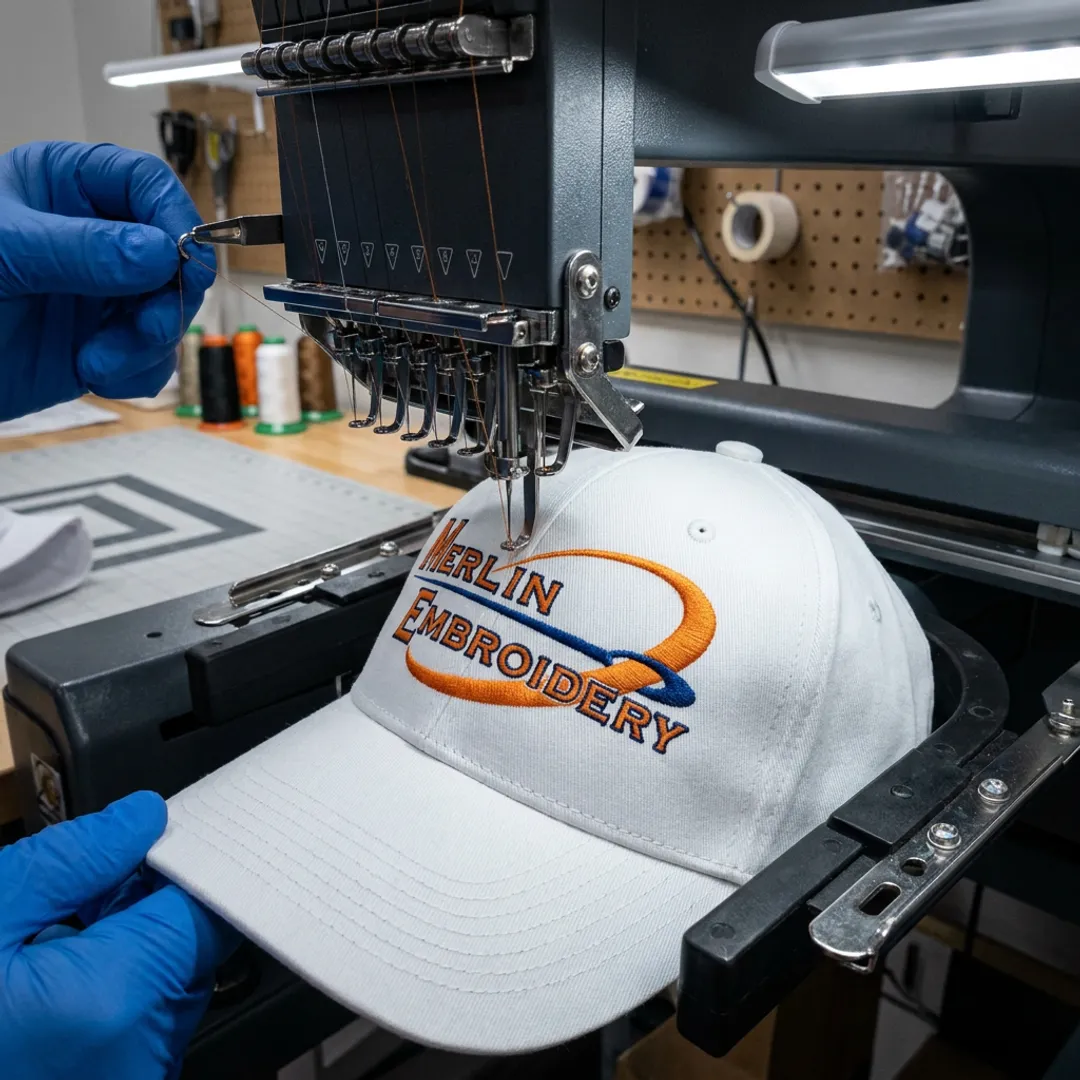Embroidery machine stitching a captain hat