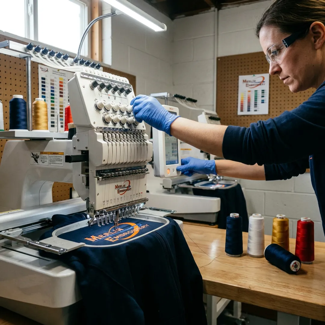 Embroidery machine stitching a logo on a jacket