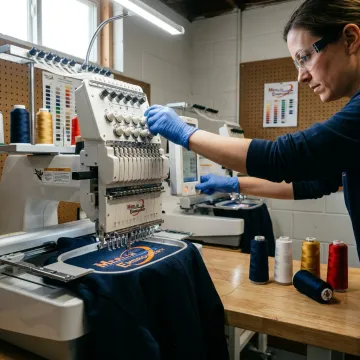 Embroidery machine stitching a logo on a jacket