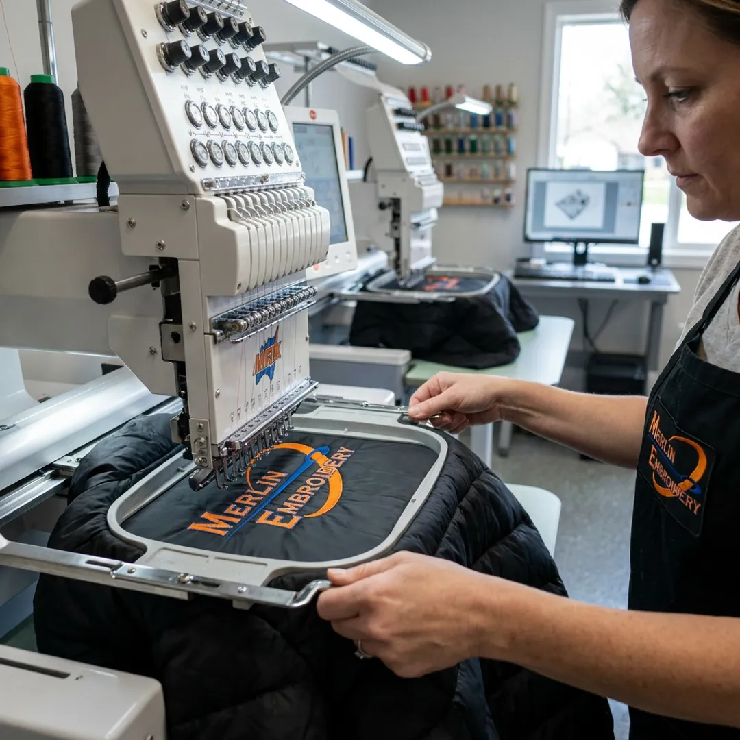 Embroidery machine stitching a puffer jacket logo
