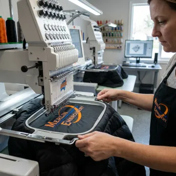 Embroidery machine stitching a puffer jacket logo